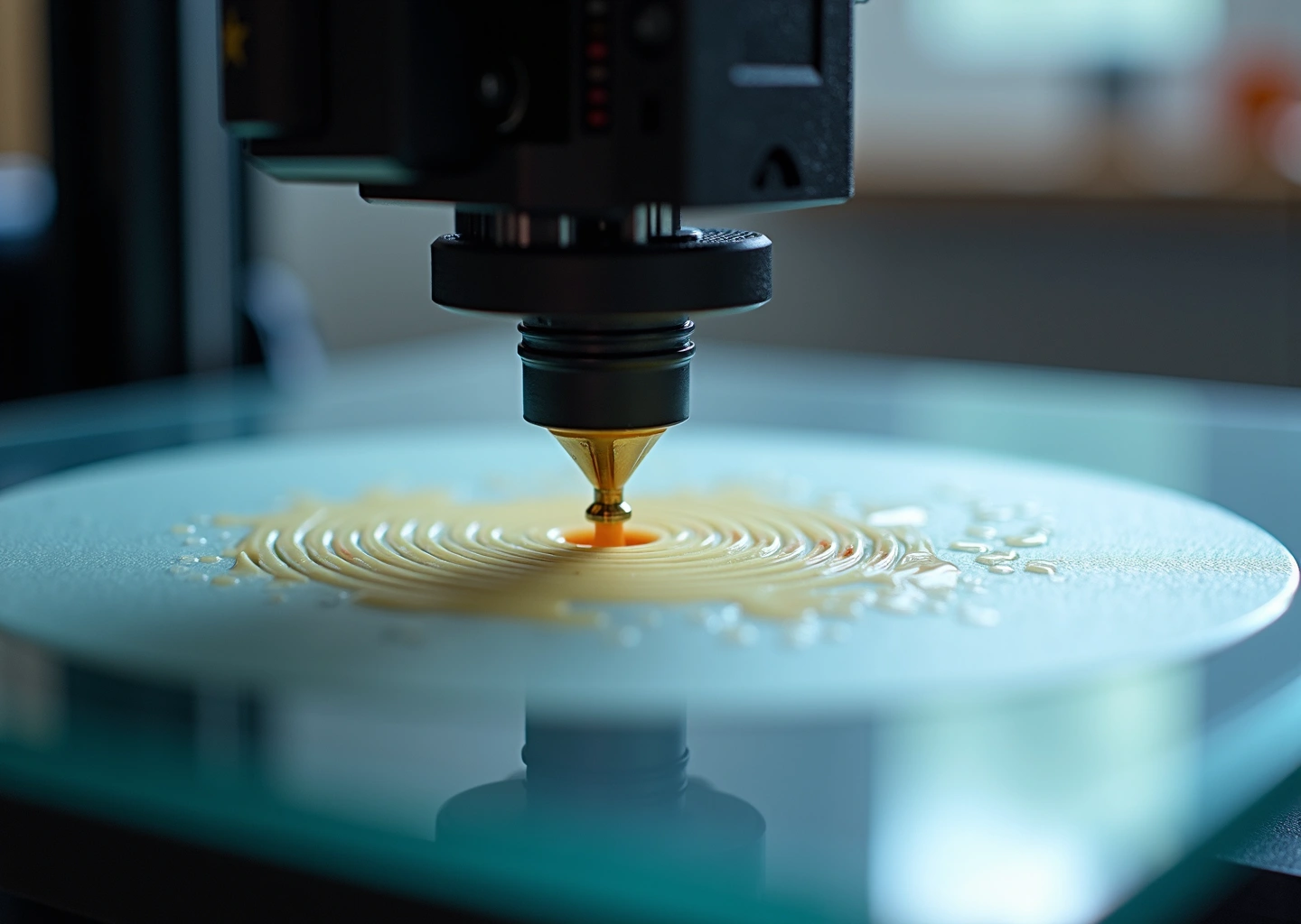 3D-принтер печатает первый слой пластика на чистом и подготовленном стеклянном столе с клеевыми средствами