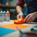 Руки шлифуют PLA 3D модель с инструментами для шлифовки, грунтовки и покраски на рабочем столе
