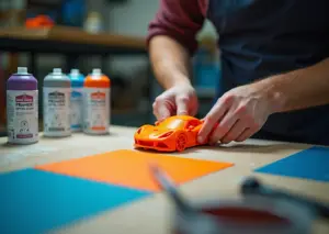 Руки шлифуют PLA 3D модель с инструментами для шлифовки, грунтовки и покраски на рабочем столе