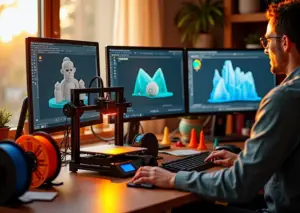 Домашний рабочий стол с 3D-принтером и изображениями интерфейсов программ Cura, PrusaSlicer и Simplify3D