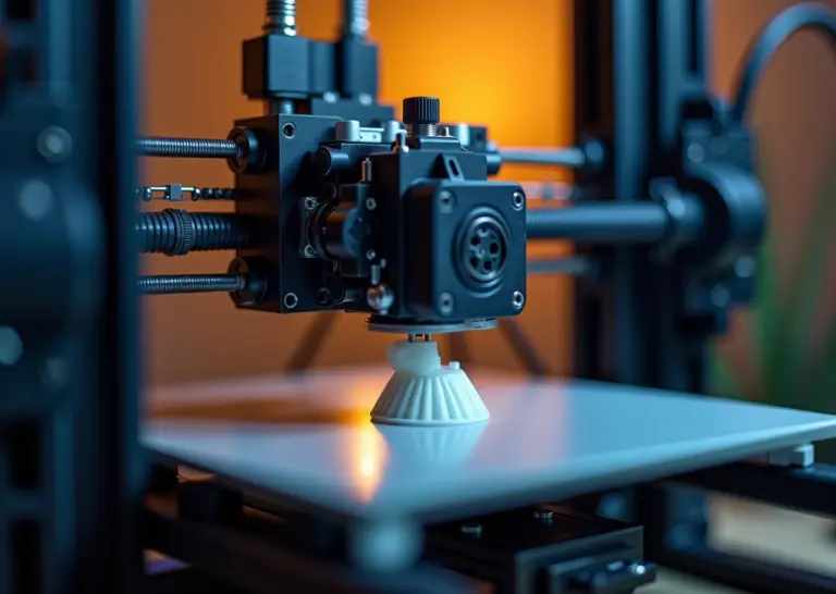3D-принтер с установленным кастомным обдувом охлаждения, печатающая модель с видимыми вентиляторами