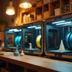 Домашняя мастерская с 3D-принтером и катушками с нитями Nylon PC и ASA, рядом 3D-печатные изделия