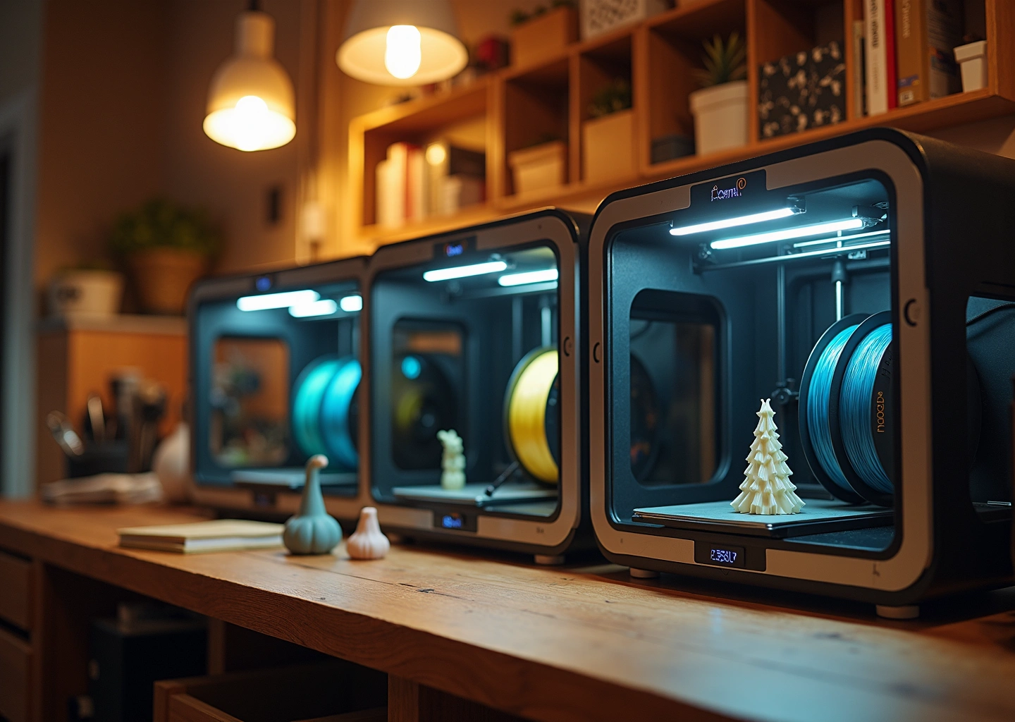 Домашняя мастерская с 3D-принтером и катушками с нитями Nylon PC и ASA, рядом 3D-печатные изделия
