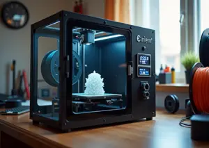 Самодельный термобокс для 3D‑принтера в домашней мастерской, вид через прозрачную дверцу, на панели цифровой терморегулятор