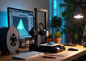 Экран со слайсером и 3D‑принтер в процессе печати на домашнем рабочем столе