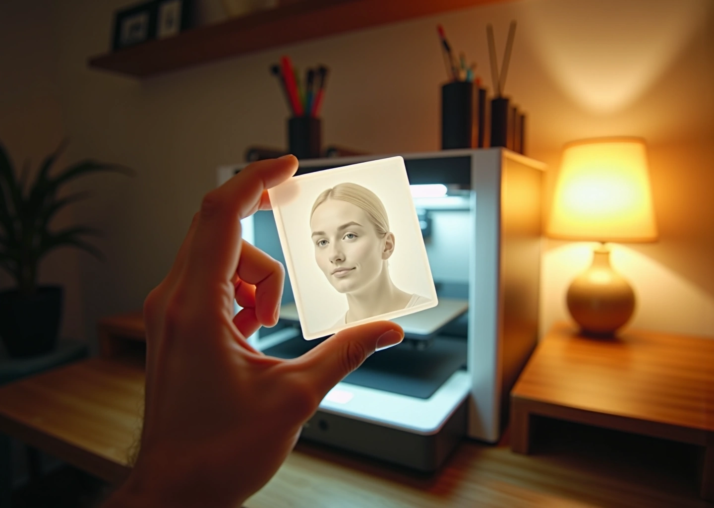 Тонкая белая 3D‑печатная литофания с портретом, подсвеченная тёплым светом, на фоне домашнего 3D‑принтера и уютного интерьера