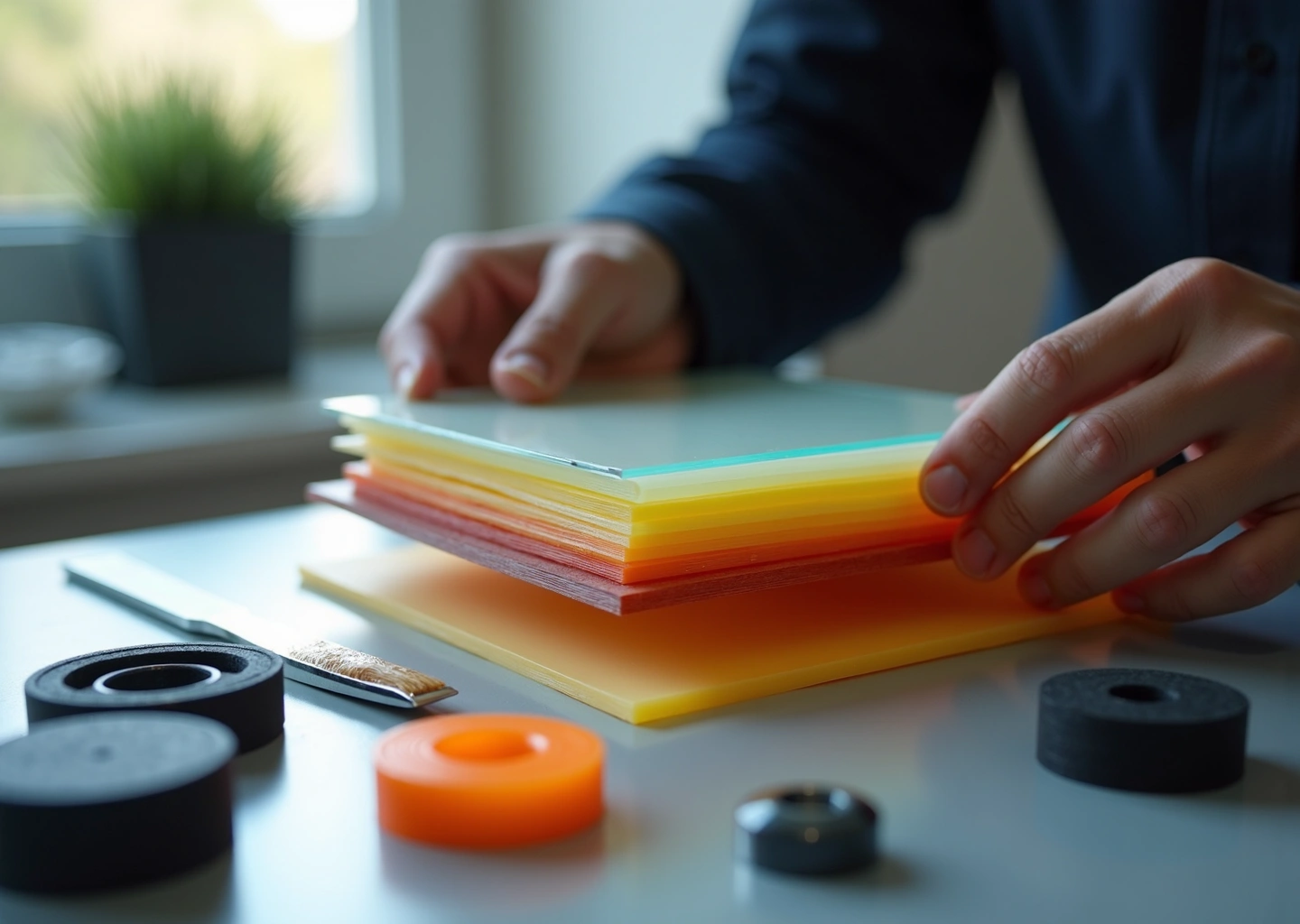 Домашний 3D‑принтер и три образца покрытий стола: стекло, PEI и Garolite рядом с напечатанными PLA PETG и нейлон деталями