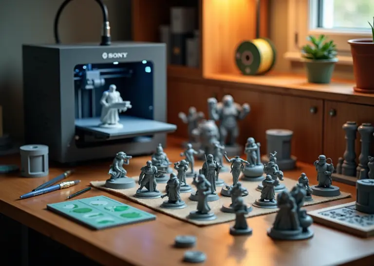 Игровой стол с 3D‑печатными миниатюрами, модульным террейном и органайзером; на заднем плане домашний 3D‑принтер и инструменты для постобработки.
