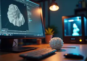 Рабочее место для домашней 3D‑печати: экран с открытой STL‑моделью и напечатанная деталь на столе перед небольшим FDM‑принтером