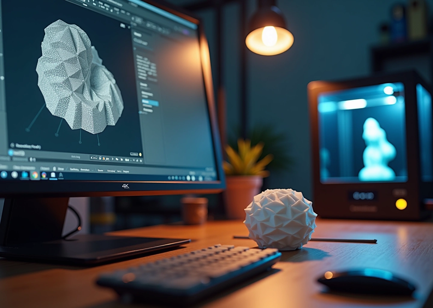 Рабочее место для домашней 3D‑печати: экран с открытой STL‑моделью и напечатанная деталь на столе перед небольшим FDM‑принтером