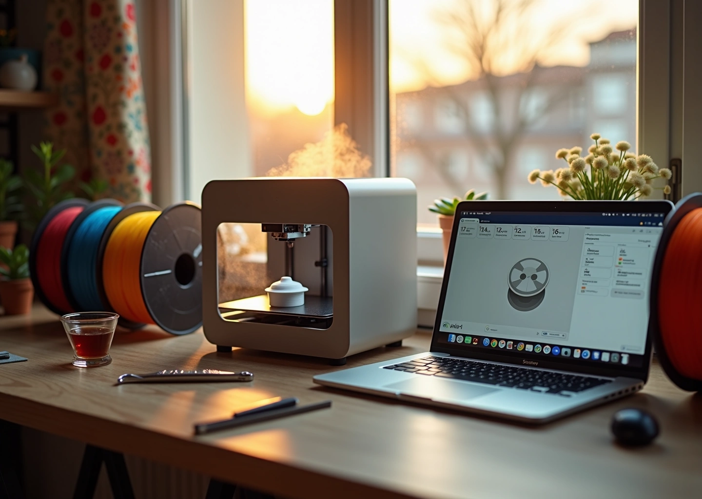 Домашний рабочий стол с настольным 3D‑принтером, катушками филамента, ноутбуком со слайсером на русском и распечатанным предметом быта