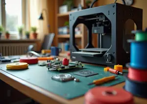 Фотореалистичное изображение: домашняя мастерская с 3D‑принтером, на столе напечатанный кастомный корпус и платы Raspberry Pi и Arduino, инструменты и катушки филамента.