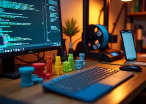 Домашняя мастерская с 3D‑принтером, на экране видны строки G‑code, рядом распечатанные детали и катушка филамента