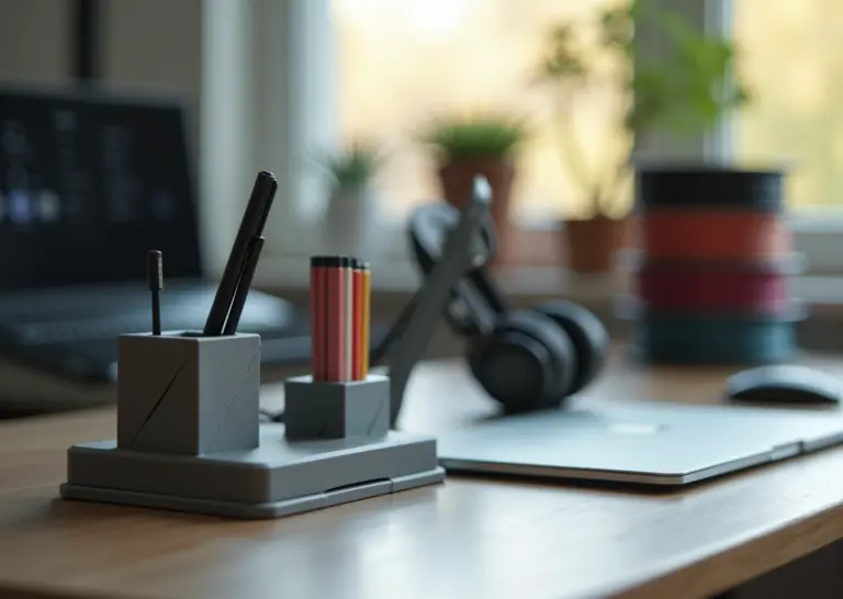 Уютный рабочий стол с различными 3D-печатными органайзерами и домашним 3D-принтером на заднем плане