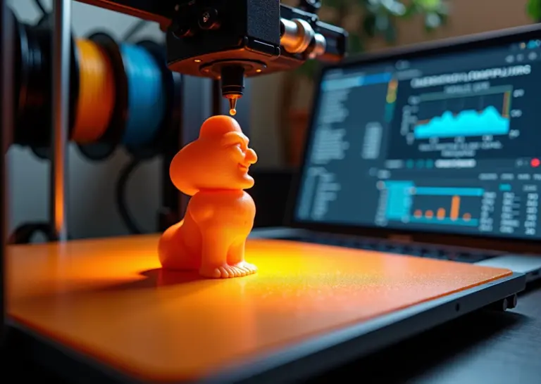 Фотография рабочего стола с настольным FDM 3D‑принтером в процессе печати, рядом ноутбук со слайсером и тестовые калибровочные башни