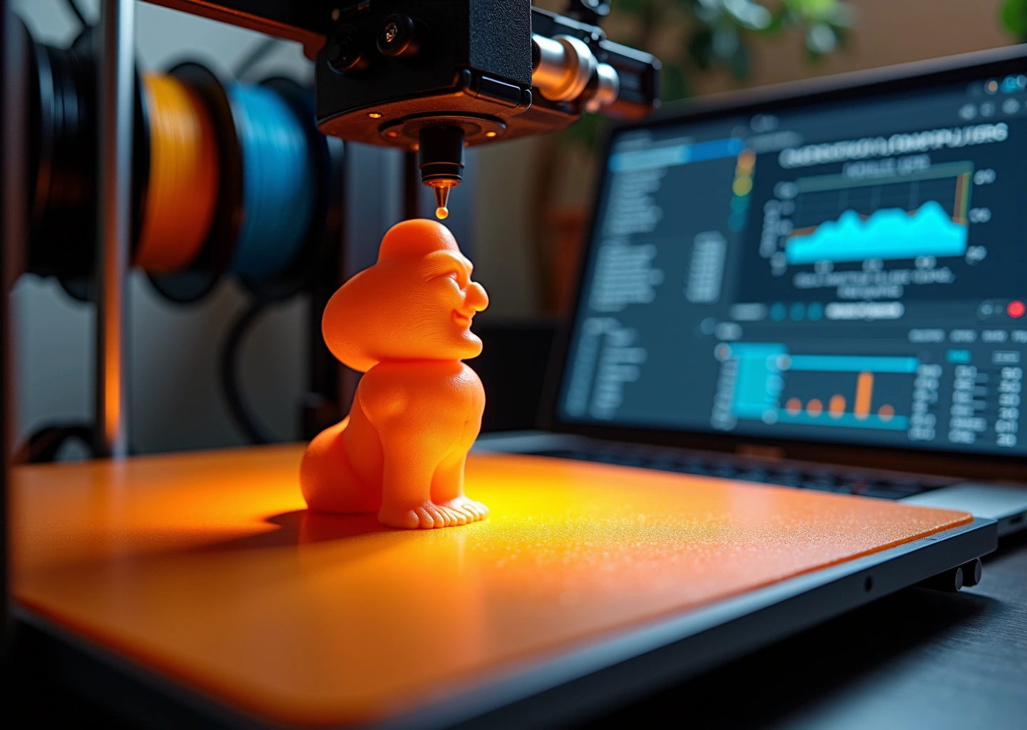 Фотография рабочего стола с настольным FDM 3D‑принтером в процессе печати, рядом ноутбук со слайсером и тестовые калибровочные башни