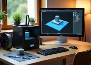 Домашняя сцена с FDM 3D‑принтером, открытым слайсером Cura на экране, катушками филамента и калибровочными тестами