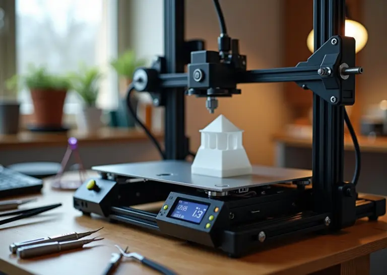 Домашний 3D‑принтер в процессе печати с заметным смещением слоев; видны ремень и шкив X‑оси, инструменты на столе