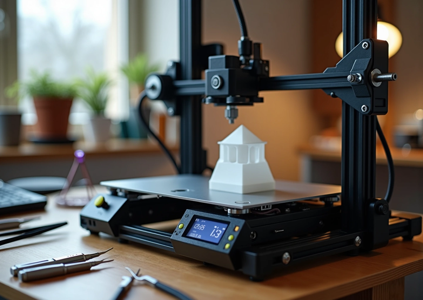 Домашний 3D‑принтер в процессе печати с заметным смещением слоев; видны ремень и шкив X‑оси, инструменты на столе