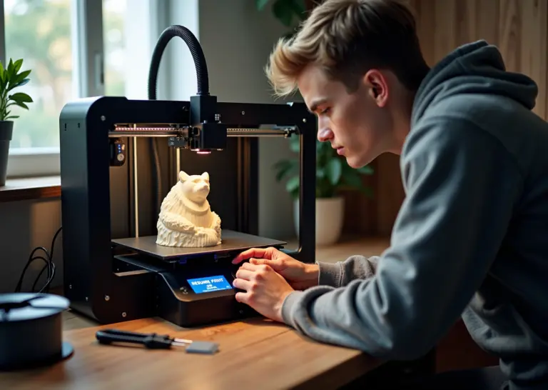 Фотография домашнего 3D‑принтера с частично завершённой многочасовой моделью на столе, рядом UPS, катушка филамента и инструменты, человек проверяет состояние печати после восстановления питания