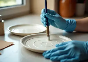 Руки наносят пищевое покрытие на напечатанную на 3D‑принтере тарелку на кухонном столе, на заднем плане принтер и инструменты для обработки.