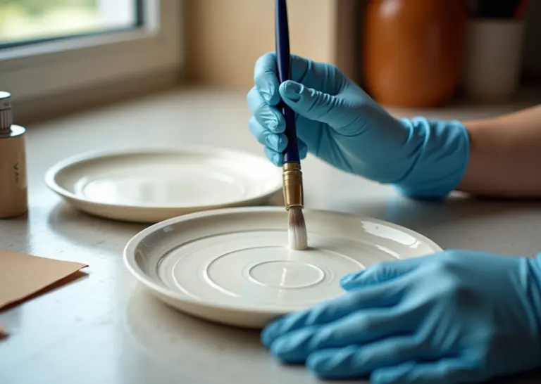 Руки наносят пищевое покрытие на напечатанную на 3D‑принтере тарелку на кухонном столе, на заднем плане принтер и инструменты для обработки.