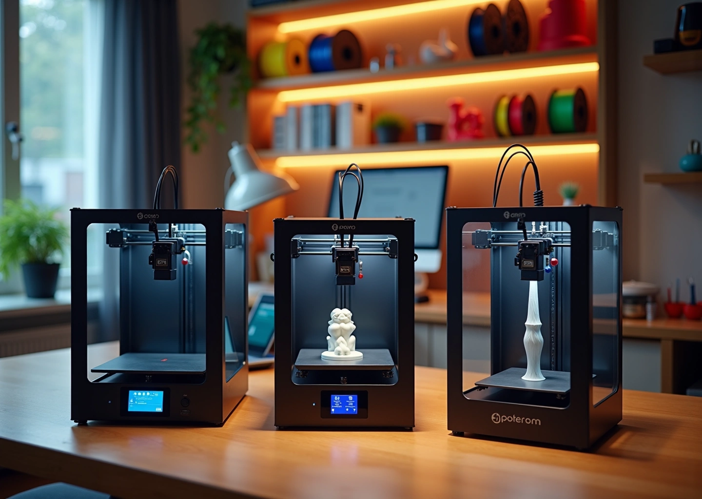 Три 3D‑принтера в домашней мастерской: Cartesian, CoreXY и Delta рядом на столе, видны ремни и колонны, ноутбук с слайсером и катушки пластика.