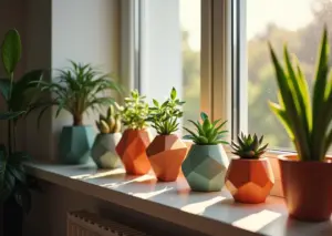 Фотография уютного окна и балкона с уникальными 3D‑печатными горшками и кашпо разной формы и отделки; на фоне виден домашний FDM 3D‑принтер и материалы для постобработки.