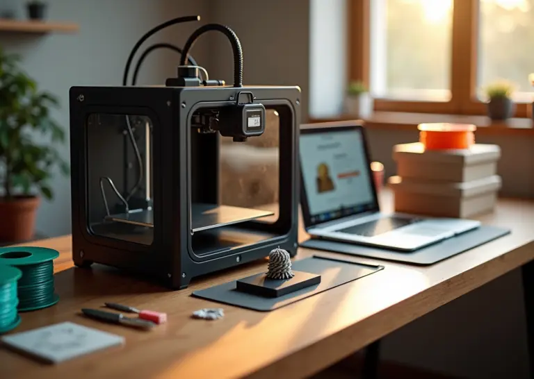 Фотореалистичное рабочее место дома с 3D‑принтером, катушками филамента, напечатанными изделиями и готовыми к отправке заказами