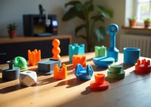 Деревянный стол с более чем двадцатью 3D‑напечатанными полезными предметами для дома, на заднем плане работает домашний 3D‑принтер и видны инструменты для постобработки