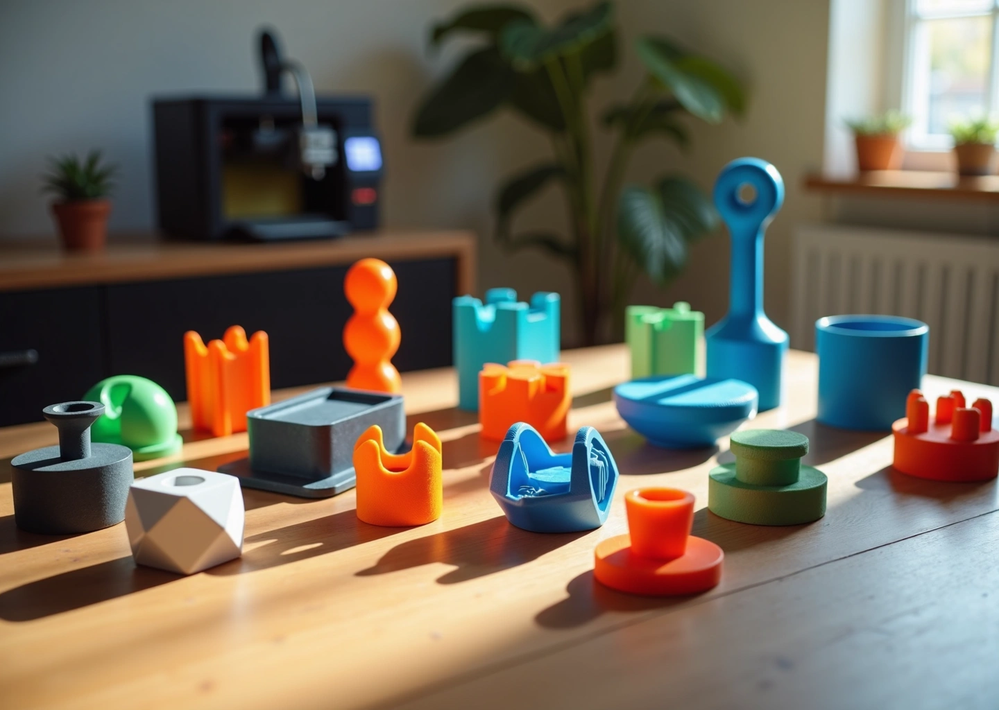 Деревянный стол с более чем двадцатью 3D‑напечатанными полезными предметами для дома, на заднем плане работает домашний 3D‑принтер и видны инструменты для постобработки