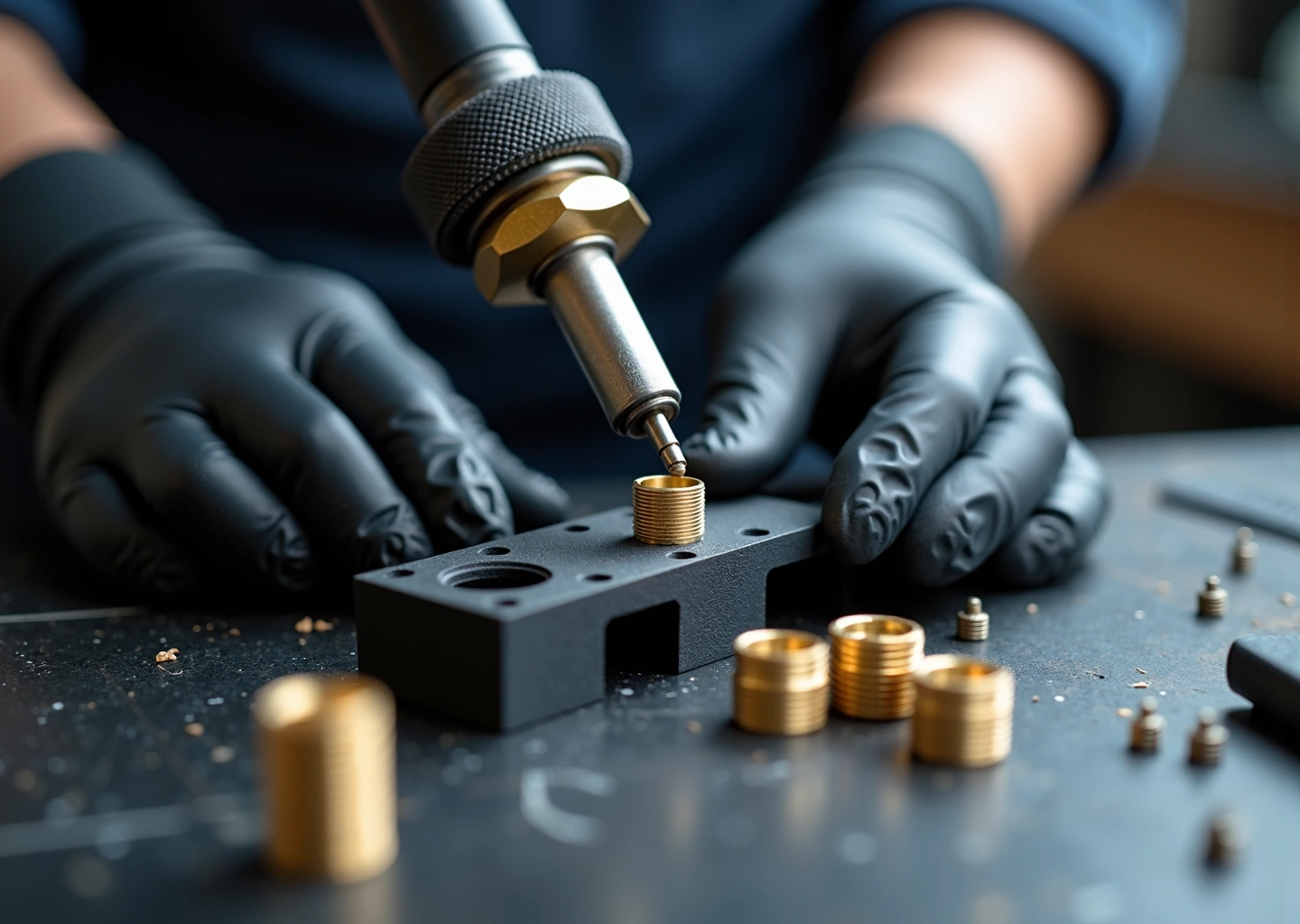 Рабочий стол с 3D‑деталью, латунными резьбовыми втулками и инструментами для установки