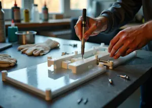 Сборка большой 3D‑модели: руки наносят эпоксидный клей на стык деталей, рядом флаконы суперклея и ацетона, струбцины и инструменты на рабочем столе