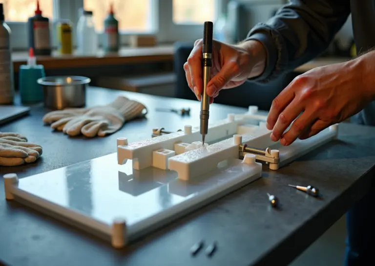 Сборка большой 3D‑модели: руки наносят эпоксидный клей на стык деталей, рядом флаконы суперклея и ацетона, струбцины и инструменты на рабочем столе