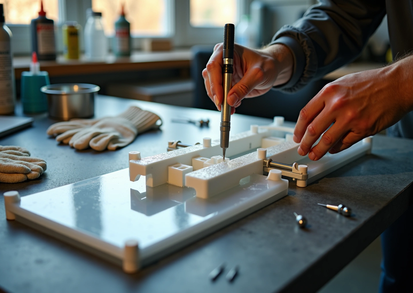 Сборка большой 3D‑модели: руки наносят эпоксидный клей на стык деталей, рядом флаконы суперклея и ацетона, струбцины и инструменты на рабочем столе