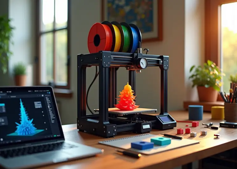 Домашняя мастерская с двумя экструдерами: принтер печатает многоцветную модель и растворимые поддержки, видны катушки PLA и PVA и экран слайсера