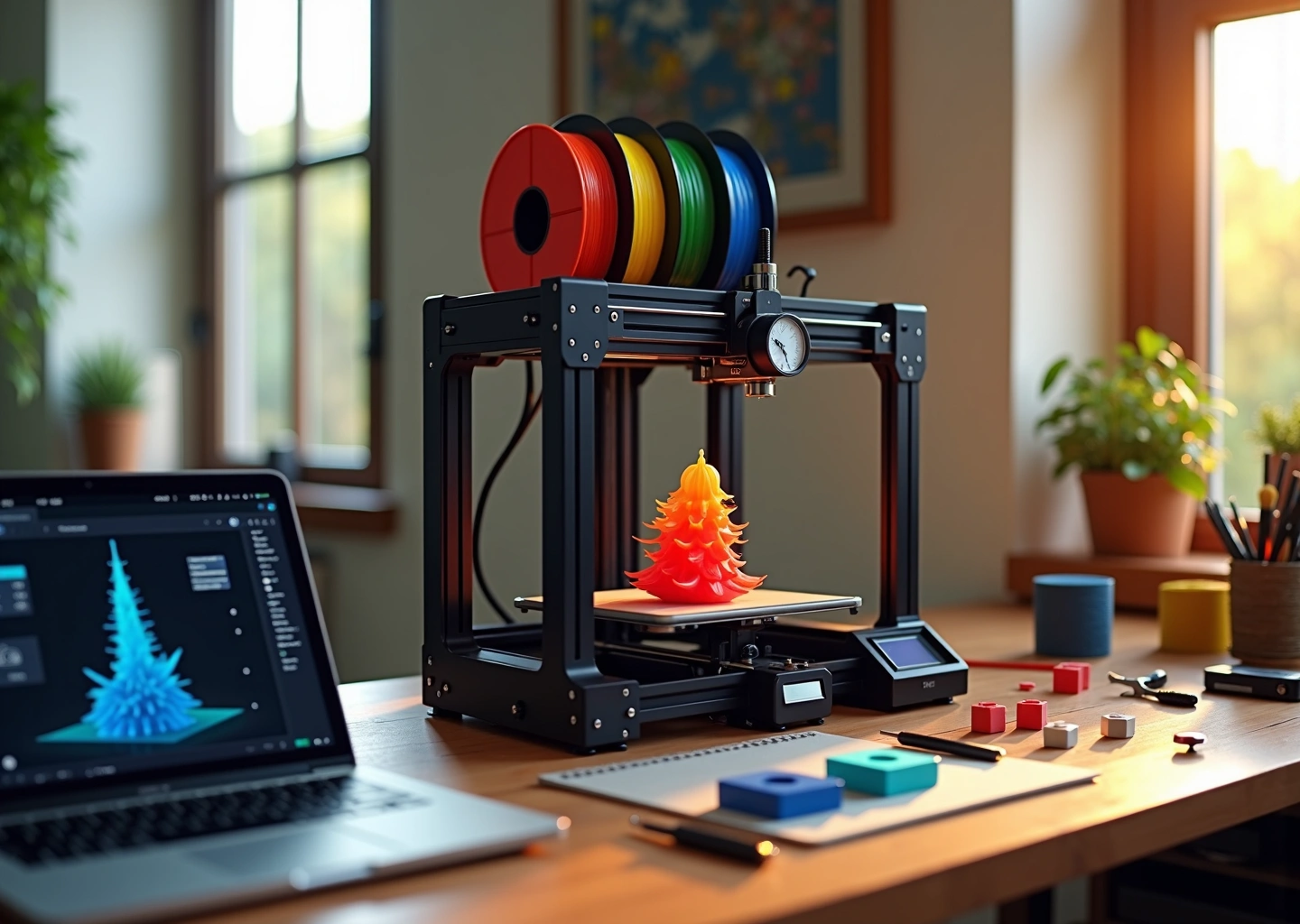 Домашняя мастерская с двумя экструдерами: принтер печатает многоцветную модель и растворимые поддержки, видны катушки PLA и PVA и экран слайсера