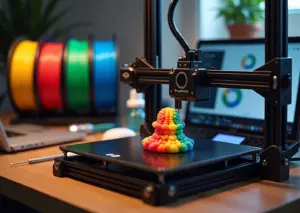 Одноэкструдерный 3D‑принтер в домашней мастерской печатает многоцветную фигурку; рядом катушки разных цветов и устройство для сплайсинга филамента, ноутбук с слайсером