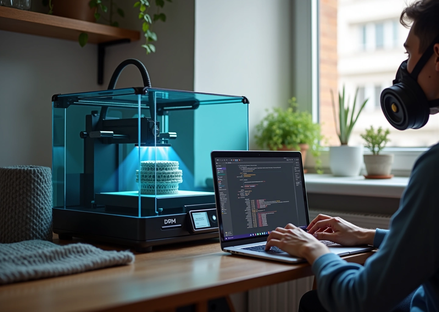 Домашняя 3D‑печать ABS в закрытом корпусе рядом с очистителем воздуха; человек в респираторе проверяет принт