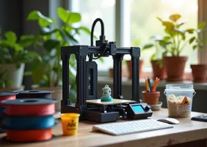 Рабочий стол с 3D‑принтером, катушками PLA/PETG/ABS, контейнер для отверждённой смолы и корзина с измельчёнными обрезками для переработки.