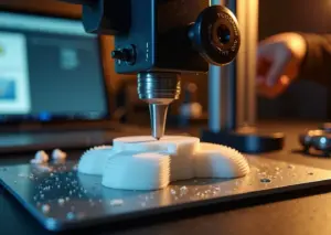 Крупный план 3D‑печатной детали с заметной «слоновьей ногой» у основания на рабочем столе принтера; на фоне сопло и рука, настраивающая Z‑offset, инструменты и экран с слайсером.