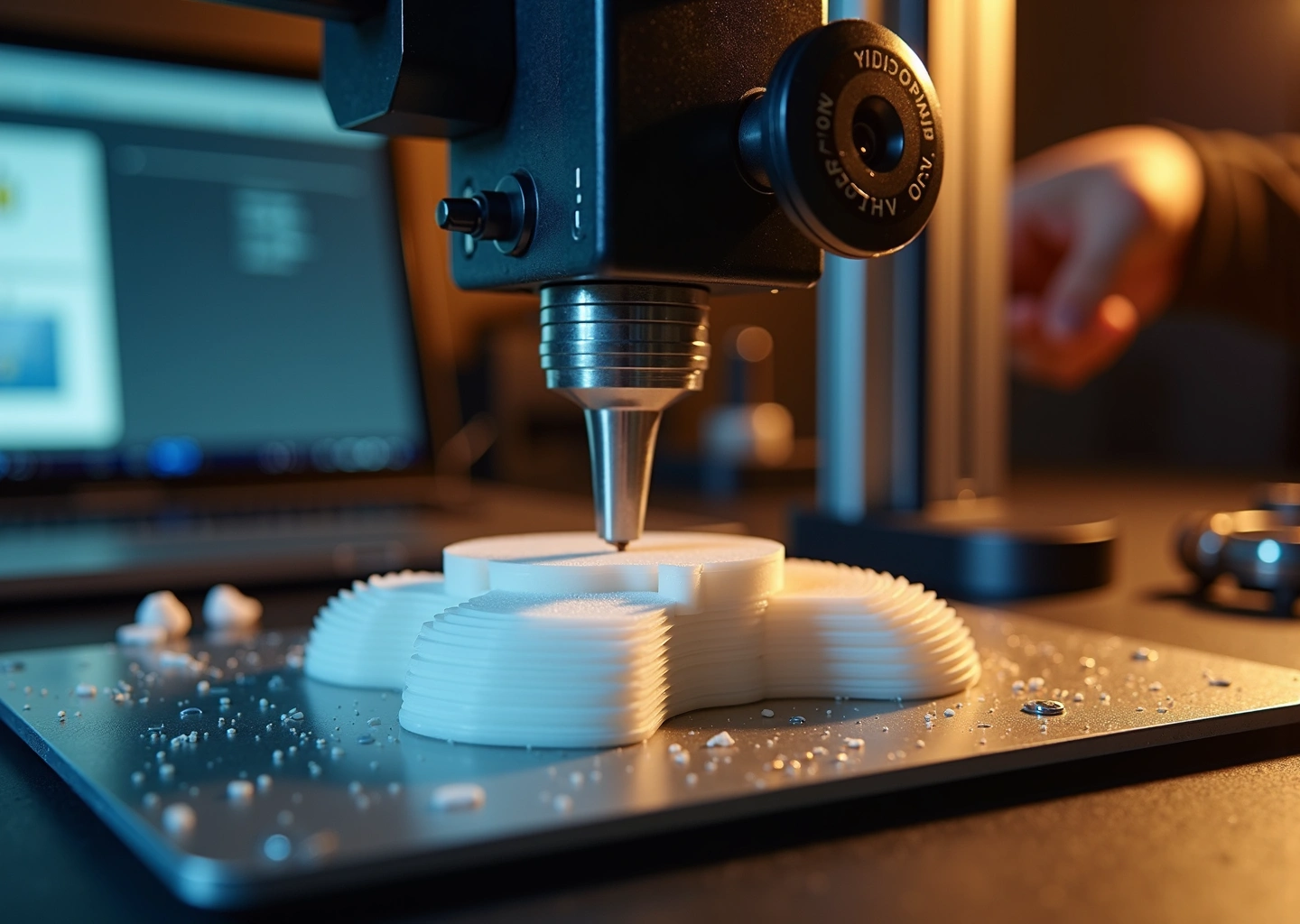 Крупный план 3D‑печатной детали с заметной «слоновьей ногой» у основания на рабочем столе принтера; на фоне сопло и рука, настраивающая Z‑offset, инструменты и экран с слайсером.