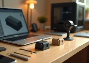 Рабочее место с разбитой деталью и напечатанной заменой, смартфон для фотограмметрии, экран с CAD‑моделью, 3D‑принтер на заднем плане, штангенциркуль и инструменты