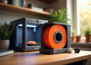 Катушка филамента в сушилке с видимым цифровым дисплеем, рядом гигрометр и набор сообщений для домашней мастерской 3D‑печати