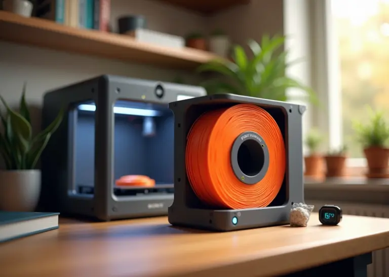 Катушка филамента в сушилке с видимым цифровым дисплеем, рядом гигрометр и набор сообщений для домашней мастерской 3D‑печати