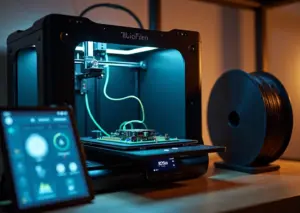 Домашний 3D‑принтер с открытой платой и подключённым Raspberry Pi на рабочем столе рядом со смартфоном, отображающим интерфейс Klipper