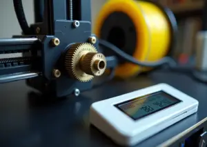 Крупный план экструдера 3D‑принтера, штангенциркуль измеряет филамент, на экране видна команда установки E‑steps