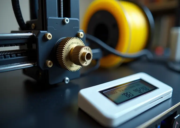 Крупный план экструдера 3D‑принтера, штангенциркуль измеряет филамент, на экране видна команда установки E‑steps