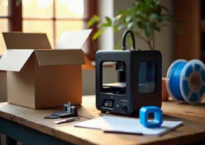 Домашняя рабочая зона с распакованным FDM 3D‑принтером, катушка PLA и первой напечатанной моделью на деревянном столе.