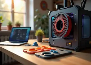 Крупный план домашней 3D‑мастерской: принтер с прямым приводом печатает гибкий TPU филамент, рядом катушка TPU/TPE и готовые «резиновые» детали — чехол, уплотнение и амортизатор